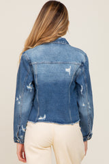 Navy Blue Distressed Cropped Maternity Denim Jacket