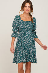 Forest Green Floral Ruffle Sleeve Smocked Maternity Dress