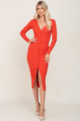 Rust Ribbed Button Front Long Sleeve Dress