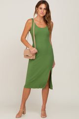 Olive Ribbed Back Cutout Maternity Midi Dress