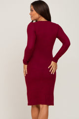 Burgundy Brushed Knit Long Sleeve Maternity Wrap Nursing Dress