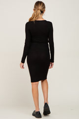 Black Brushed Knit Long Sleeve Maternity Wrap Nursing Dress