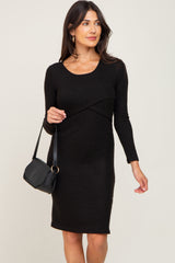 Black Brushed Knit Long Sleeve Maternity Wrap Nursing Dress