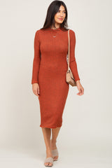 Rust Brushed Knit Long Sleeve Mock Neck Dress