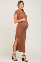 Camel Short Sleeve Side Slit Maternity Maxi Dress