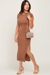 Camel Short Sleeve Side Slit Maxi Dress