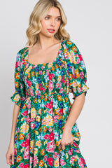 Green Floral Smocked Puff Sleeve Maxi Dress