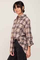 Navy Plaid Button Up Front Pocket Top