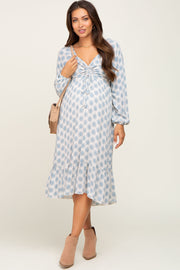 Blue Printed Cinched Maternity Midi Dress