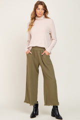 Olive Linen Frayed Hem Crop Pants