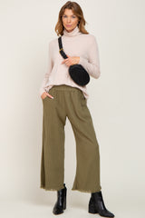 Olive Linen Frayed Hem Crop Maternity Pants