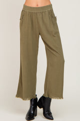 Olive Linen Frayed Hem Crop Pants