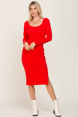 Red Ribbed Long Puff Sleeve Midi Dress