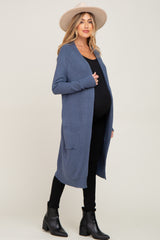 Blue Open Front Long Maternity Cardigan