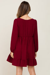 Burgundy Long Sleeve Gathered Tier Maternity Dress