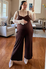 Brown Sleeveless Pocketed Wide Leg Maternity Jumpsuit