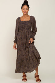 Black Leopard Print Square Neck Smocked Midi Dress