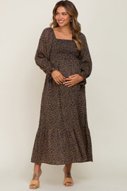 Black Leopard Print Square Neck Smocked Maternity Midi Dress