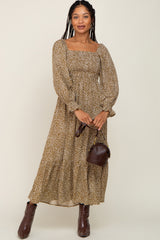 Mocha Leopard Print Square Neck Smocked Maternity Midi Dress