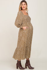 Mocha Leopard Print Square Neck Smocked Maternity Midi Dress