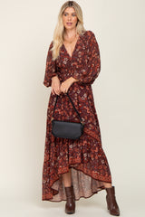 Brown Floral Hi-Lo Train Maxi Dress