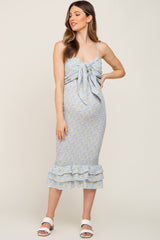 Blue Floral Knot Front Smocked Maternity Midi Dress