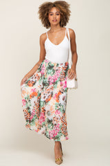 Orange Floral Pleated Midi Skirt