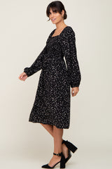 Black Printed Long Sleeve Midi Dress