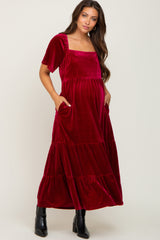 Burgundy Velvet Tiered Maternity Maxi Dress