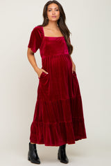 Burgundy Velvet Tiered Maternity Maxi Dress