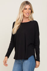 Black Waffle Knit Curved Hem Long Sleeve Top