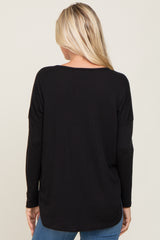 Black Waffle Knit Curved Hem Long Sleeve Top