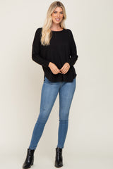 Black Waffle Knit Curved Hem Long Sleeve Top