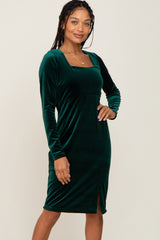 Forest Green Velvet Long Sleeve Side Slit Dress