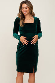 Forest Green Velvet Long Sleeve Side Slit Maternity Dress