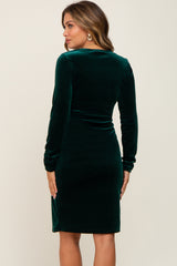 Forest Green Velvet Long Sleeve Side Slit Maternity Dress