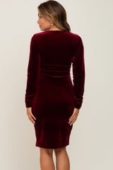 Burgundy Velvet Long Sleeve Side Slit Maternity Dress