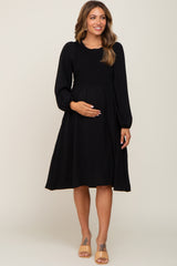 Black Smocked Long Sleeve Maternity Midi Dress