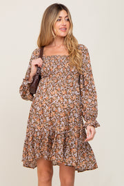 Mocha Floral Smocked Square Neck Maternity Dress