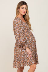 Mocha Floral Smocked Square Neck Maternity Dress