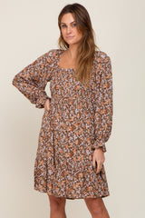 Mocha Floral Smocked Square Neck Maternity Dress