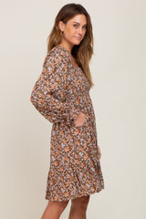 Mocha Floral Smocked Square Neck Dress