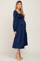 Navy Blue Smocked Square Neck Satin Maternity Midi Dress