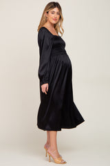 Black Smocked Square Neck Satin Maternity Midi Dress