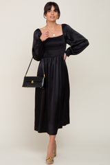 Black Smocked Square Neck Satin Maternity Midi Dress