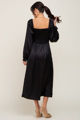 Black Smocked Square Neck Satin Midi Dress