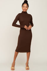 Brown Ribbed Mock Neck Lettuce Trim Maternity Midi Dress