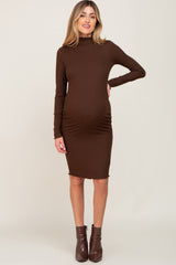 Brown Ribbed Mock Neck Lettuce Trim Maternity Midi Dress