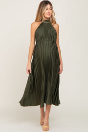 Olive Pleated Maternity Halter Dress