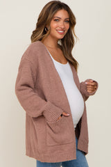 Mocha Fuzzy Knit Front Pocket Maternity Cardigan